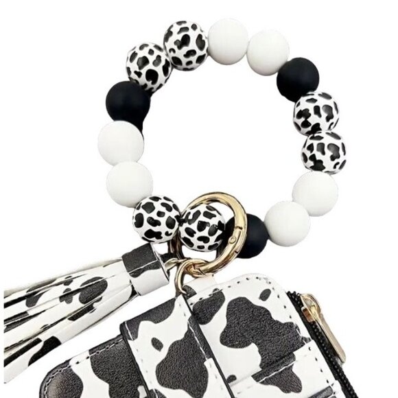 Cow Print Keychain Wallet Wristlet With‎ Beaded Bracelet Tassel Key Ring New - Picture 2 of 3